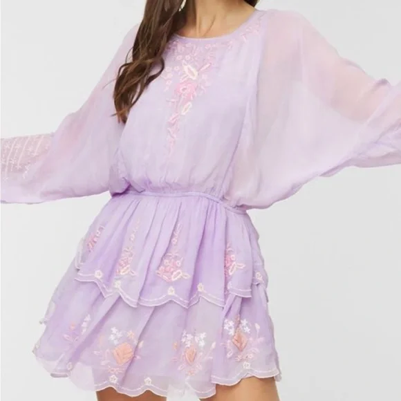 LoveShackFancy x Free People Bridgely XS Lilac Purple Embroidered Chiffon Mini